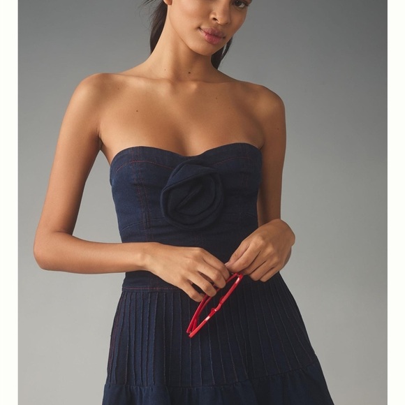 ANTHROPOLOGIE Maeve Rosette Strapless Fit & Flare Denim Mini Dress 4 - Picture 2 of 8